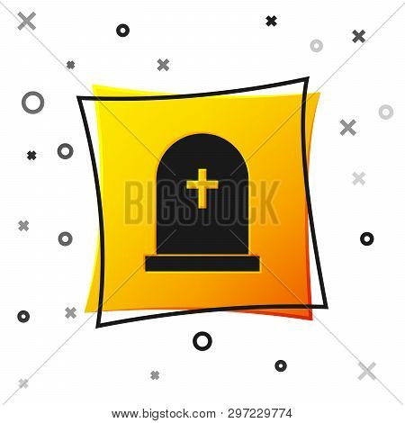 Black Tombstone With Cross Icon Isolated On White Background. Grave Icon. Yellow Square Button. Vect