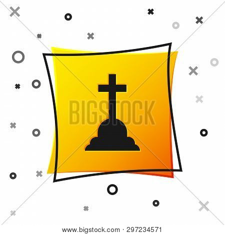 Black Tombstone With Cross Icon Isolated On White Background. Grave Icon. Yellow Square Button. Vect