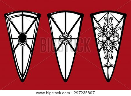 Set Of Long Traingular Shields - Black And White Medieval Armor Vector Design