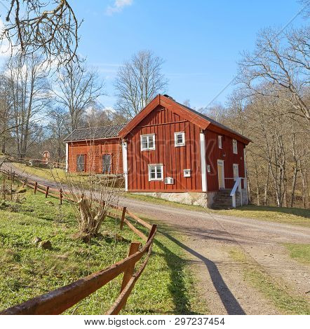 Beautful Rural Red Cottage In The Swedish Village Rottle During Spring