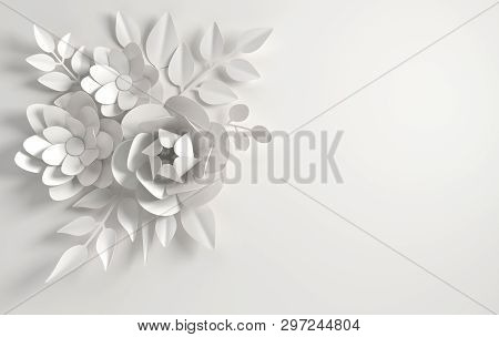 Paper Whitel Flowers Background. Valentine's Day, Easter, Mother's Day, Wedding Greeting Card. 3D Re