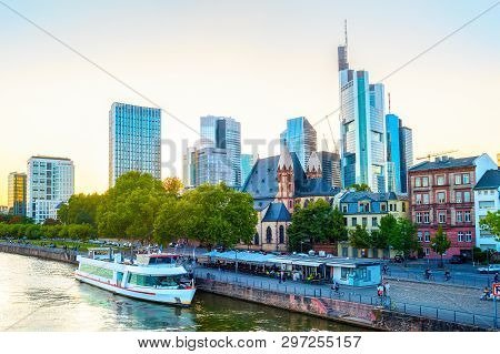 Frankfurt Afterglow Cityscape With Modern Archtecture, Business District Skyscrapers,  Restaurants, 