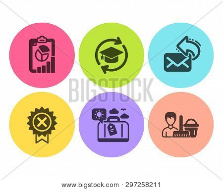 Continuing Education, Share Mail And Travel Luggage Icons Simple Set. Reject Medal, Report And Clean