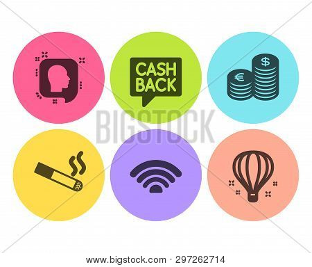 Wifi, Smoking And Head Icons Simple Set. Currency, Money Transfer And Air Balloon Signs. Wi-fi Inter