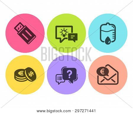 Question Mark, Drop Counter And Savings Icons Simple Set. Idea Lamp, Usb Flash And Euro Money Signs.