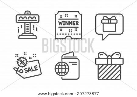 Wish List, Attraction And Winner Ticket Icons Simple Set. Travel Passport, Sale And Surprise Signs. 