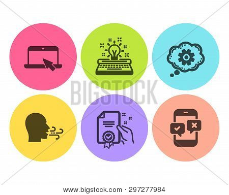 Cogwheel, Certificate And Breathing Exercise Icons Simple Set. Portable Computer, Typewriter And Pho