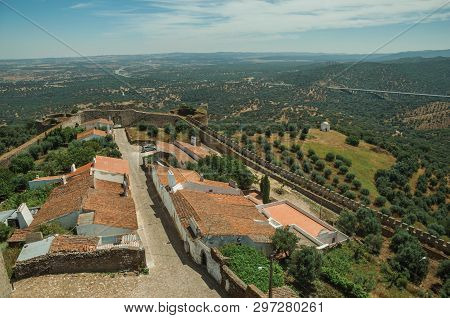 View Of The Village Main Street And Countryside Landscape With Green Hills At Evoramonte. A Tiny For