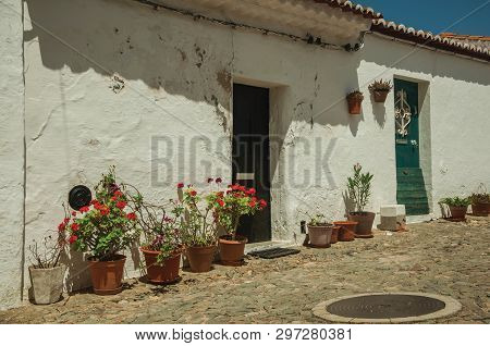 Humble White Wall Houses With Flowers Pots In A Sunny Day, On The Cobblestone Main Street Of Evoramo
