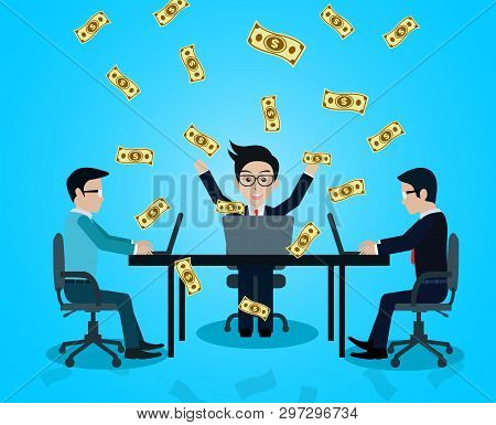 Business And Financia Success Concept Happy Businessman. Lot Of Money Has Come Down. Manager In Work