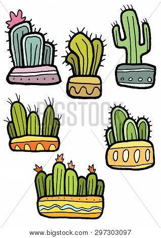 Hand Drawn Colorful Flat Small And Large Cactuses In Pots Isolated On The White Background. Hand Pai