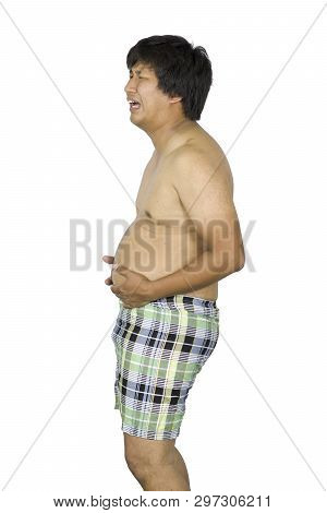 Fat Man Touching His Stomach, Fat Man With A Big Belly Isolated On White Background