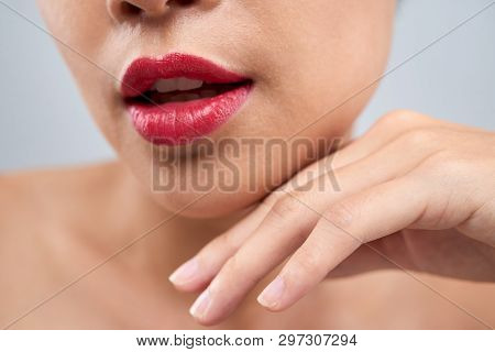 Full Plump Pink Beautiful Lips Of Young Woman