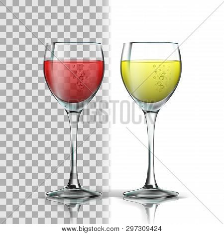 Realistic Glass With Red And White Wine Vector. Full Glasswine With Wine. Production From Fermented 