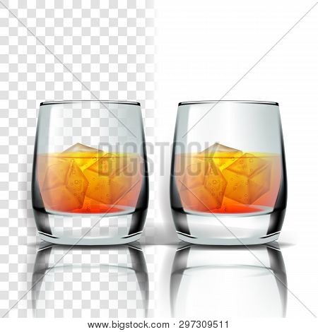 Realistic Glass With Whisky And Ice Cubes Vector. Scottish Whisky, Brandy Or Bourbon Distilled Cold 