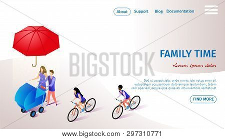 Family Time Horizontal Banner With Copy Space. Couple Of Young Parents Walking With Baby Stroller Un