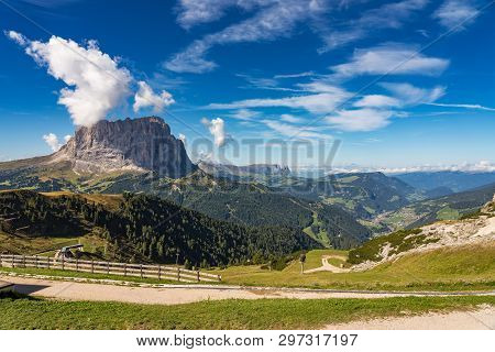 Great View On The Sassolungo - Langkofel Group, Valley Gardena. National Park Dolomites, South Tyrol