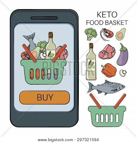 Keto Basket Healthy Food Low Carb Diet Organic Proper Nutrition Vector Illustration Set For Print Fa