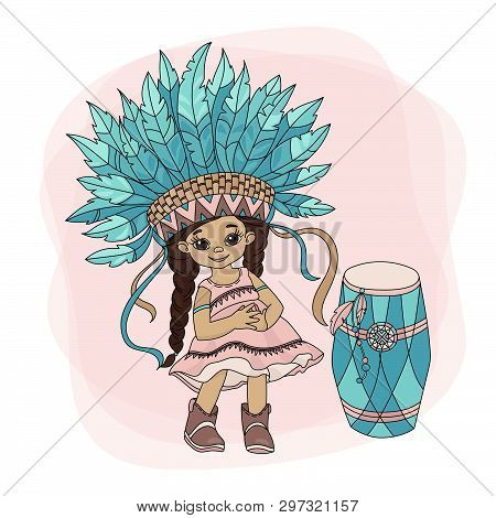 Pocahontas Dance American Native Red Skinned Indian Princess Vector Illustration Set For Print Fabri