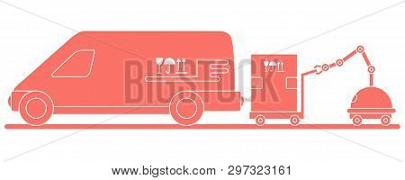 Vector Illustration With Robot Loader Loads Boxes Into A Car. Automation Warehouse Processes. Smart 