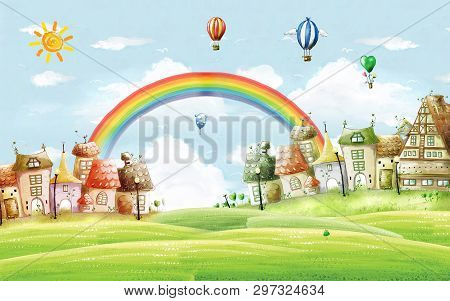 Illustration For Children - Painted City, Rainbow And Balloons