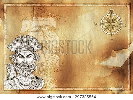 Hand Drawn Engraved Nautical Illustration In Old Vintage Style With Sailor