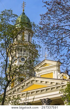 Tower Of The Holy Cross Greek Catholic Cathedral In Uzhhorod, Ukraine. The Baroque Church Was Built 