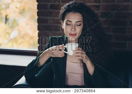 Close Up Photo Of Elegant Pretty Collar Have Free Time Sit Take Mug Beverage Feel Flavour Close Eyes