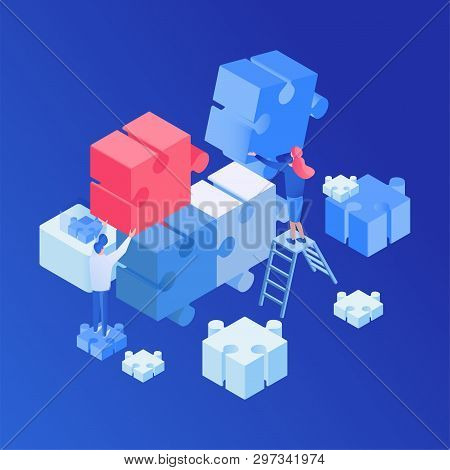 Teamwork, Creative Process Isometric Illustration. Programmers Brainstorming, Developers Searching S
