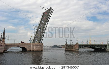 Divorced Liteiny Bridge Across The Neva River In St. Petersburg, Russia