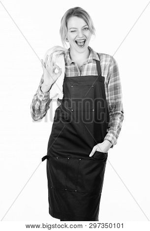 Cooking Meat In Park. Barbecue Master. Woman Checkered Shirt And Apron For Cooking White Background.