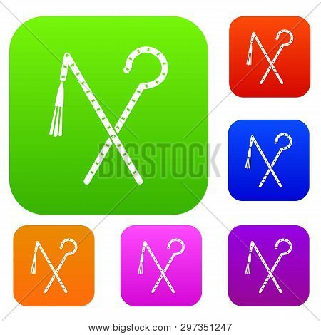 Rod And Whip Of Pharaoh Set Icon Color In Flat Style Isolated On White. Collection Sings Illustratio