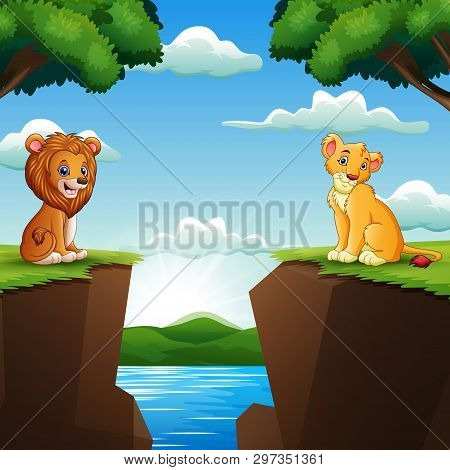 Cartoon Two Lion In Facing Cliffs With Nature Background