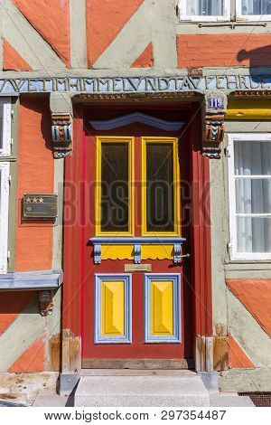 Lauenburg, Germany - April 16, 2019: Colorful Front Door In Historic City Lauenburg, Germany