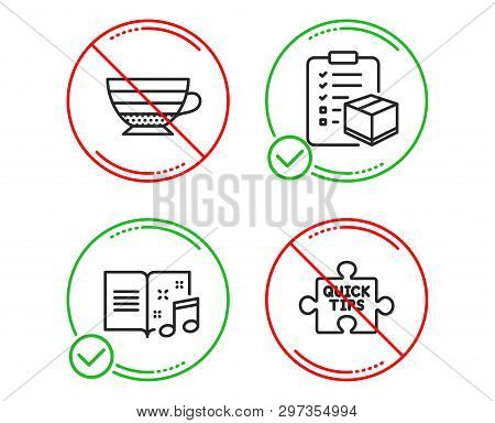 Do Or Stop. Parcel Checklist, Cappuccino And Music Book Icons Simple Set. Quick Tips Sign. Logistics