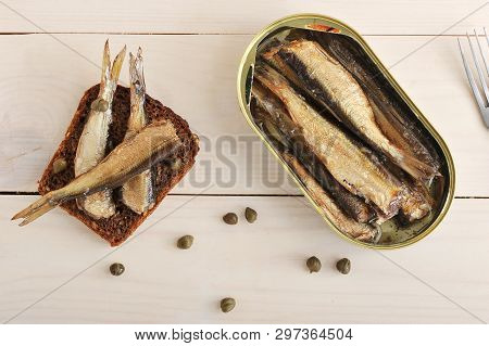 Sandwich With Rye Bread, Capers And Canned Sprats