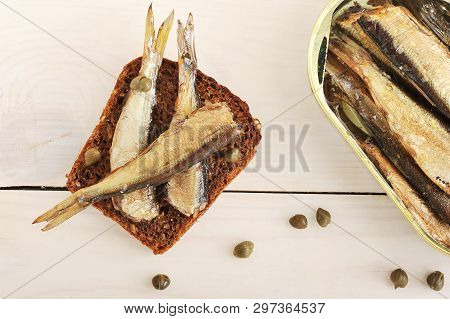 Sandwich With Rye Bread, Capers And Canned Sprats