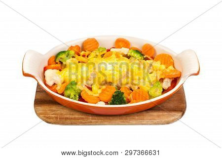 Baked Fish With Vegetables In A Baking Dish. Tasty And Useful Food. In A Ceramic Form For Baking On 