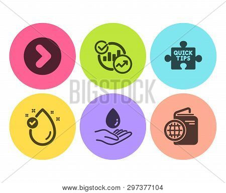 Vitamin E, Quick Tips And Statistics Icons Simple Set. Water Care, Forward And Travel Passport Signs