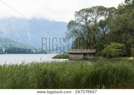 View Of A Boat House At Lake Tegernsee In Germany On A Cloudy Summer Day