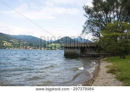 View of a Boat House at Lake Tegernsee in Germany on a Summer Day