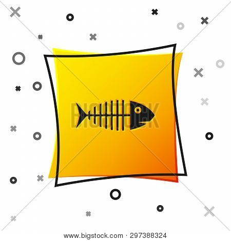 Black Fish Skeleton Icon Isolated On White Background. Fish Bone Sign. Yellow Square Button. Vector 