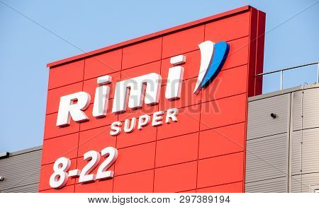 Riga, Latvia April 24, 2019 Rimi Hypermarket Logo. Rimi Is A Major Retail Operator In The Baltic Sta
