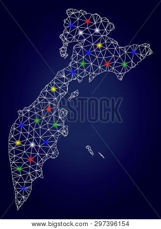 Glamour Mesh Vector Kamchatka Map With Glare Light Spots. Mesh Model For Political Illustrations. Ab