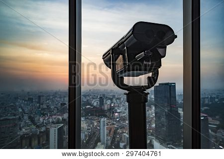 Public Binocular Telescope Binoscope, On Top Of Observation Deck - Wonderful Cityscape View To City 