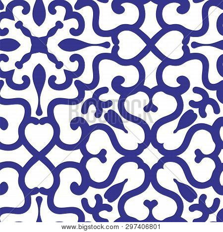 Blue Ornamental Arabesque Tile On White. Fully Editable Seamless Vector Pattern. Great For Home Deco
