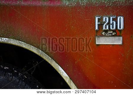 Berlin - May 05, 2018: The Emblem Of Full-size Pickup Truck Ford F-250. Close-up.