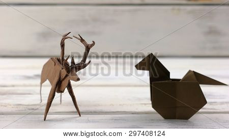 Exposition Of Origami Animal Models. Deer, Lion, Fox, Elephant And Dog.