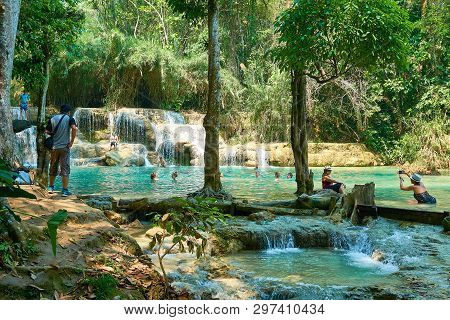 Luang Prabang. Laos. 04.20.2019. People Visit Kuangsi Waterfall