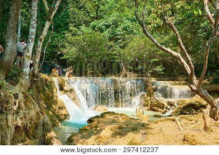 Luang Prabang. Laos. 04.20.2019. People Visit Kuangsi Waterfall.